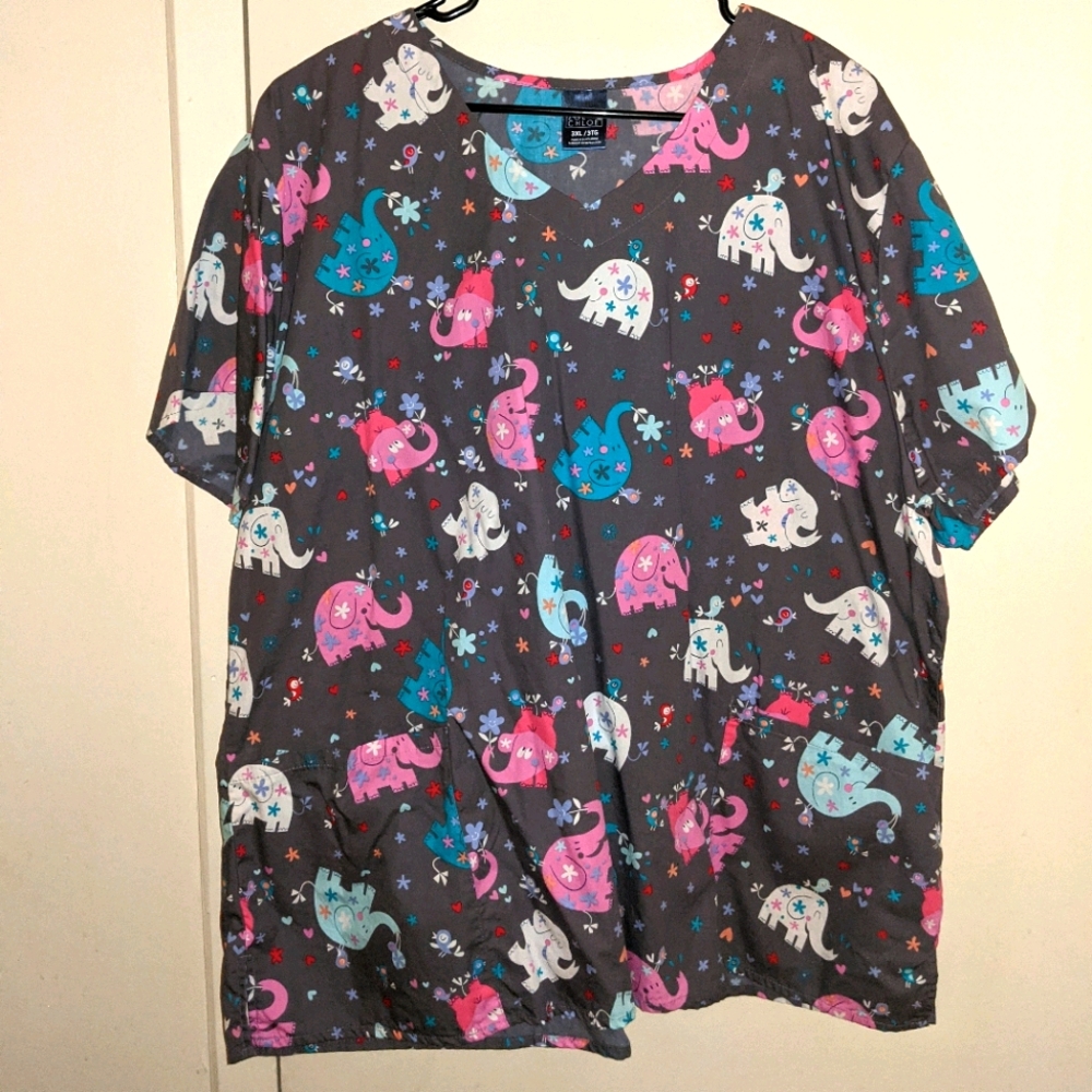 Happy Colorful Elephant Scrub Top